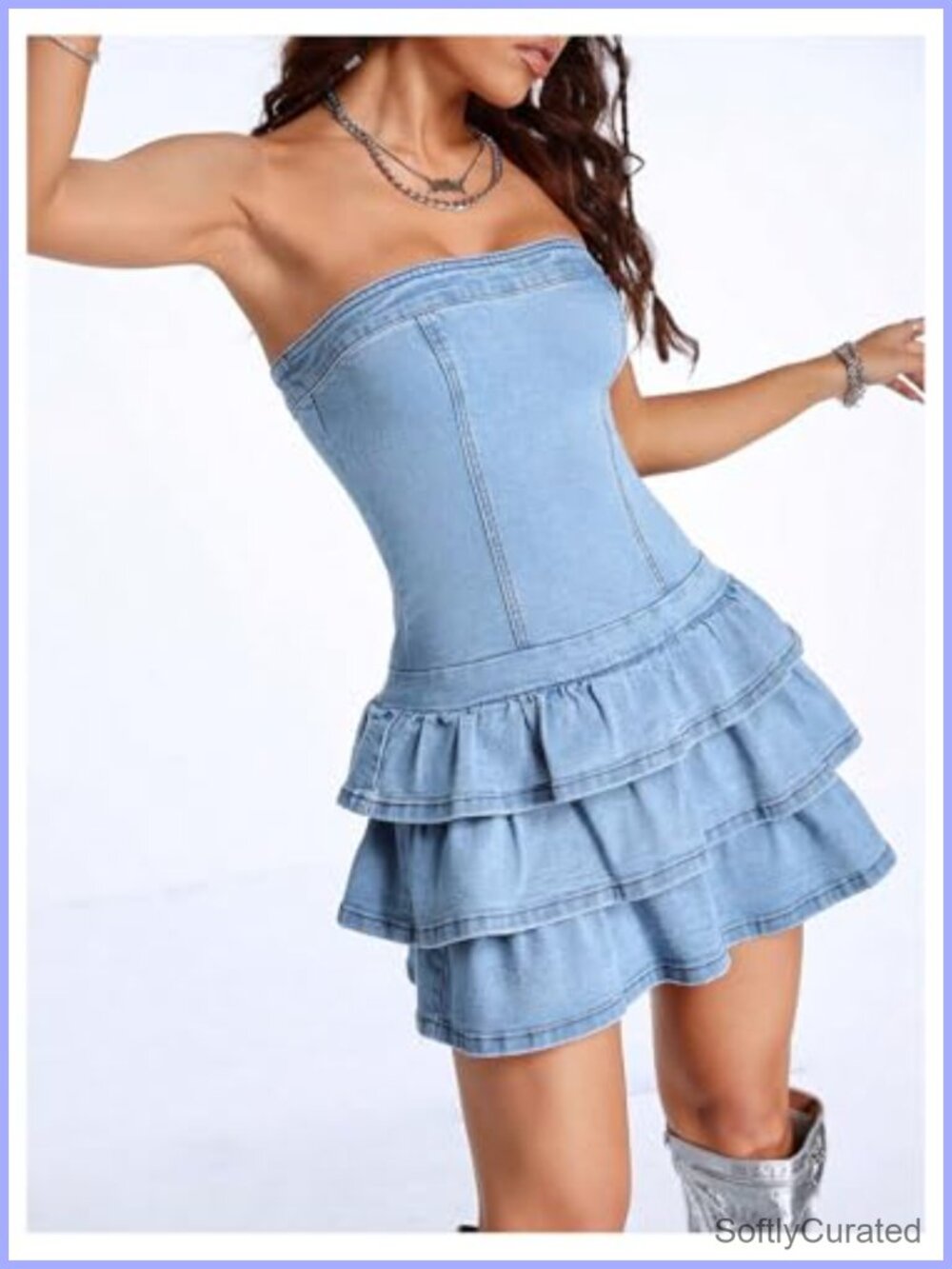 WDIRARA Strapless Layered Ruffle Denim Mini Dress Bandeau Casual - Picture 3 of 5